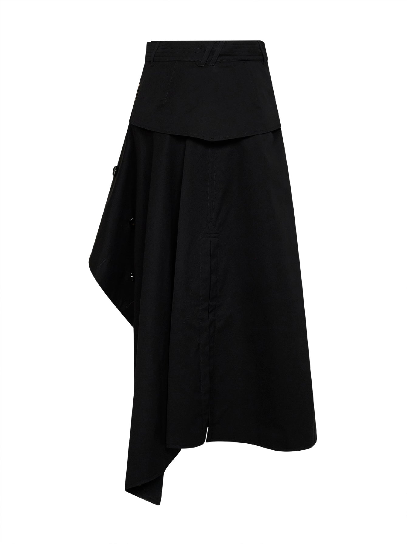 Black cotton asymmetric belted trench skirt