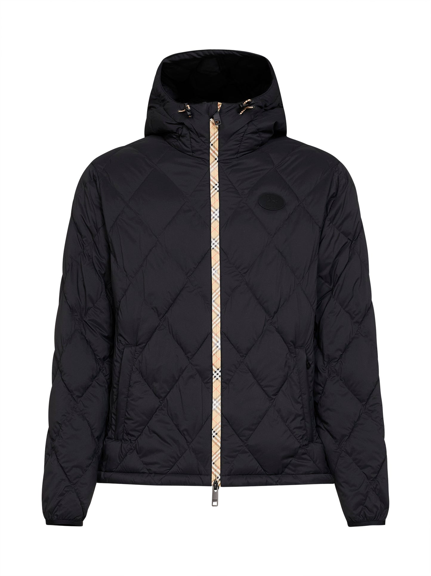 Piumino trapuntato con cappuccio in nero<BR/>