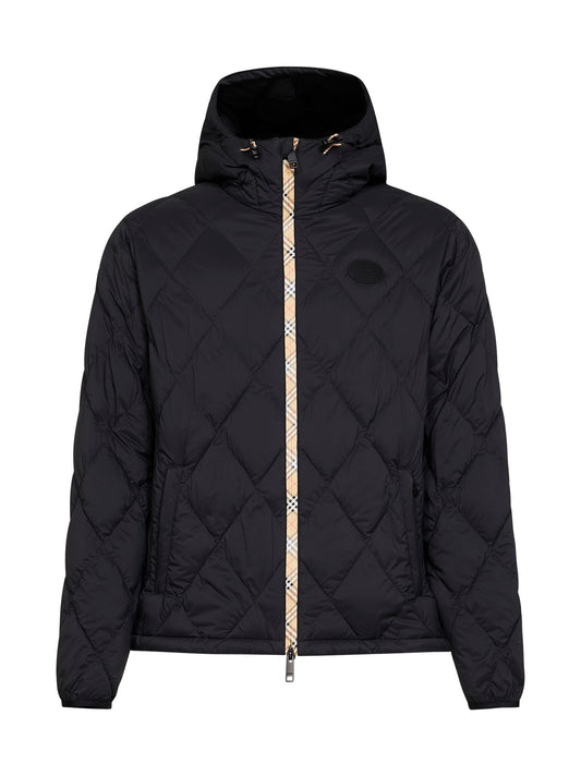 Black quilted hooded jacket<BR/>