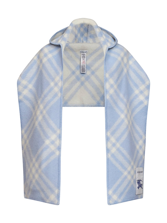 Light blue checked wool hooded scarf <BR/>