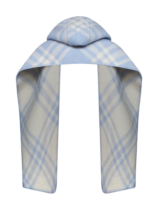 Light blue checked wool hooded scarf <BR/>