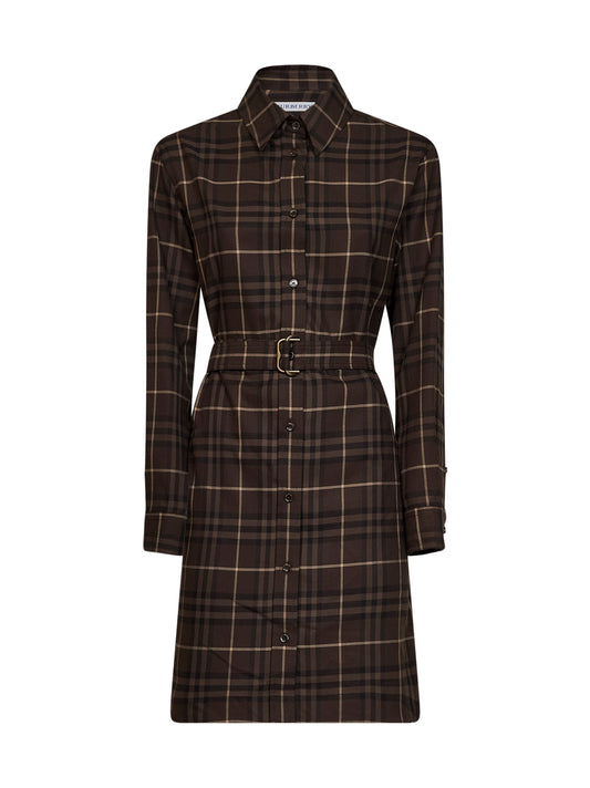 Abito chemisier con cintura in flanella Check marrone