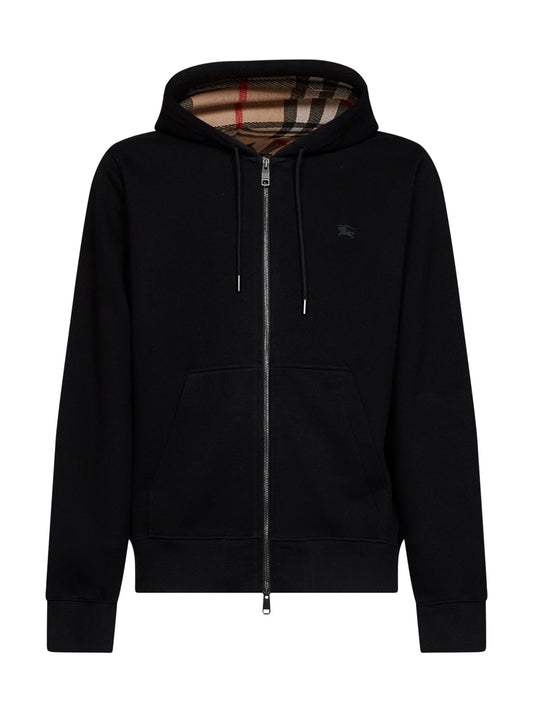 Felpa con zip in cotone nero con cappuccio con fodera Check
