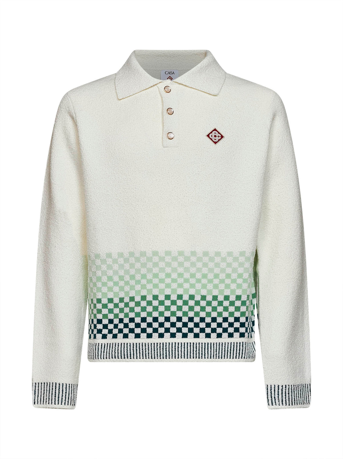 White bouclé knit Check long-sleeved polo shirt