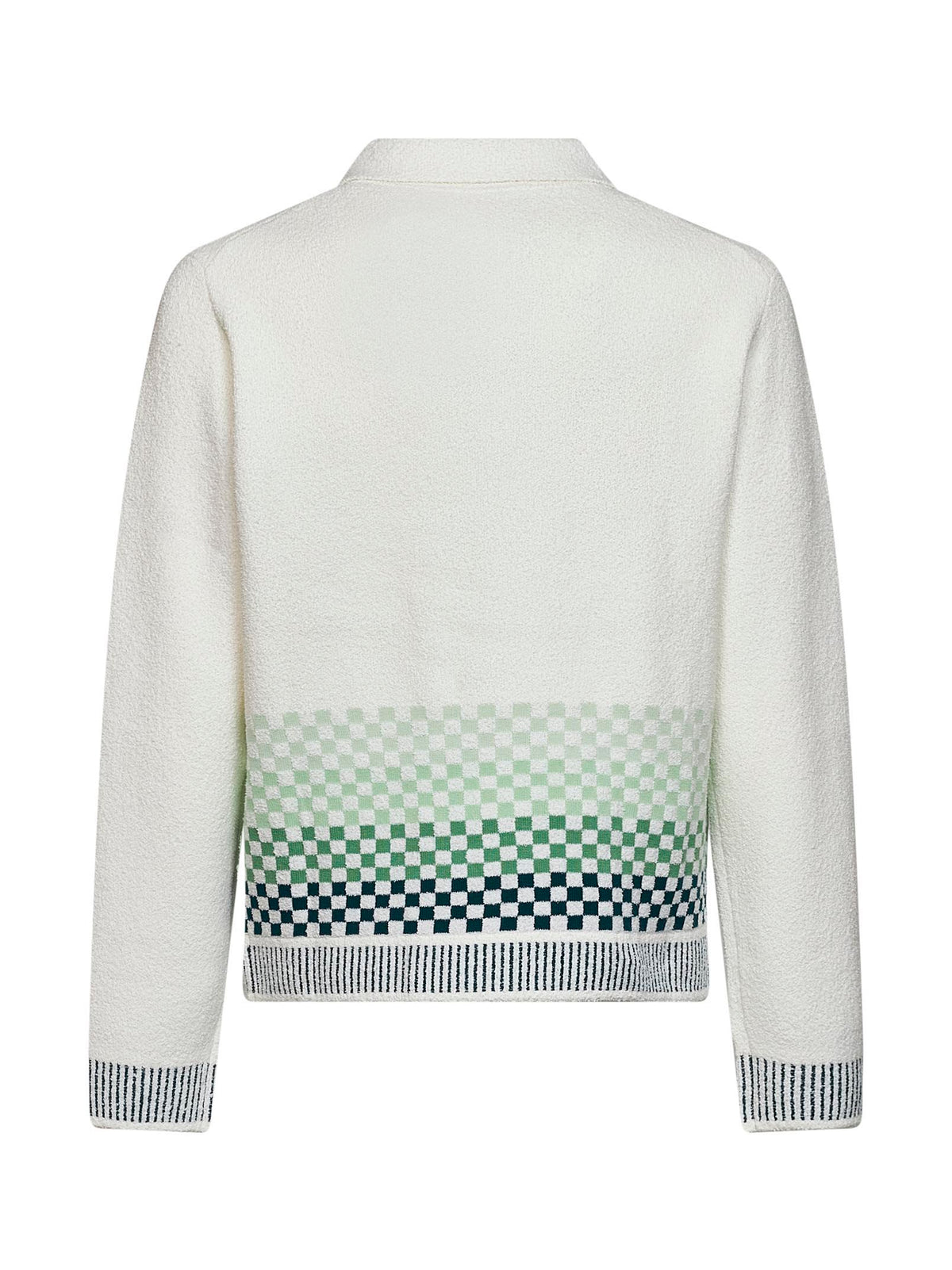 White bouclé knit Check long-sleeved polo shirt