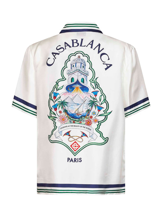 White silk Hotel Emblem short-sleeved shirt
