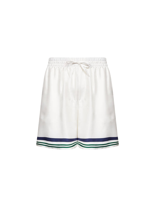 White silk Hotel Emblem shorts