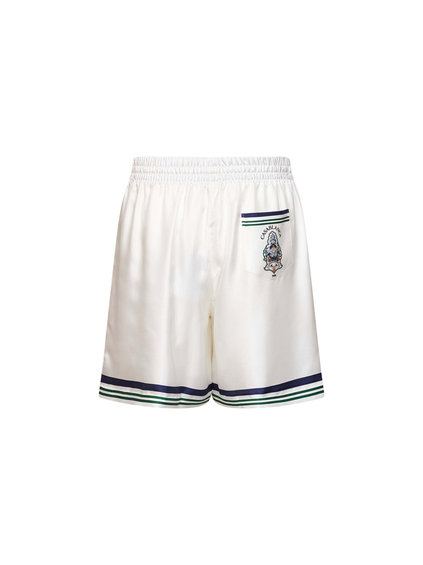 White silk Hotel Emblem shorts