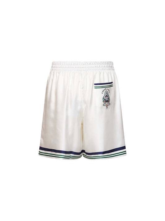 White silk Hotel Emblem shorts