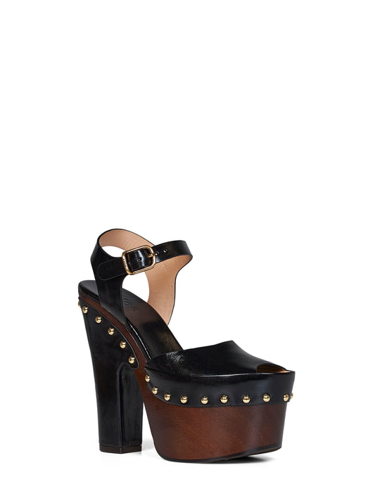 Black shiny calfskin leather Meret platform clogs