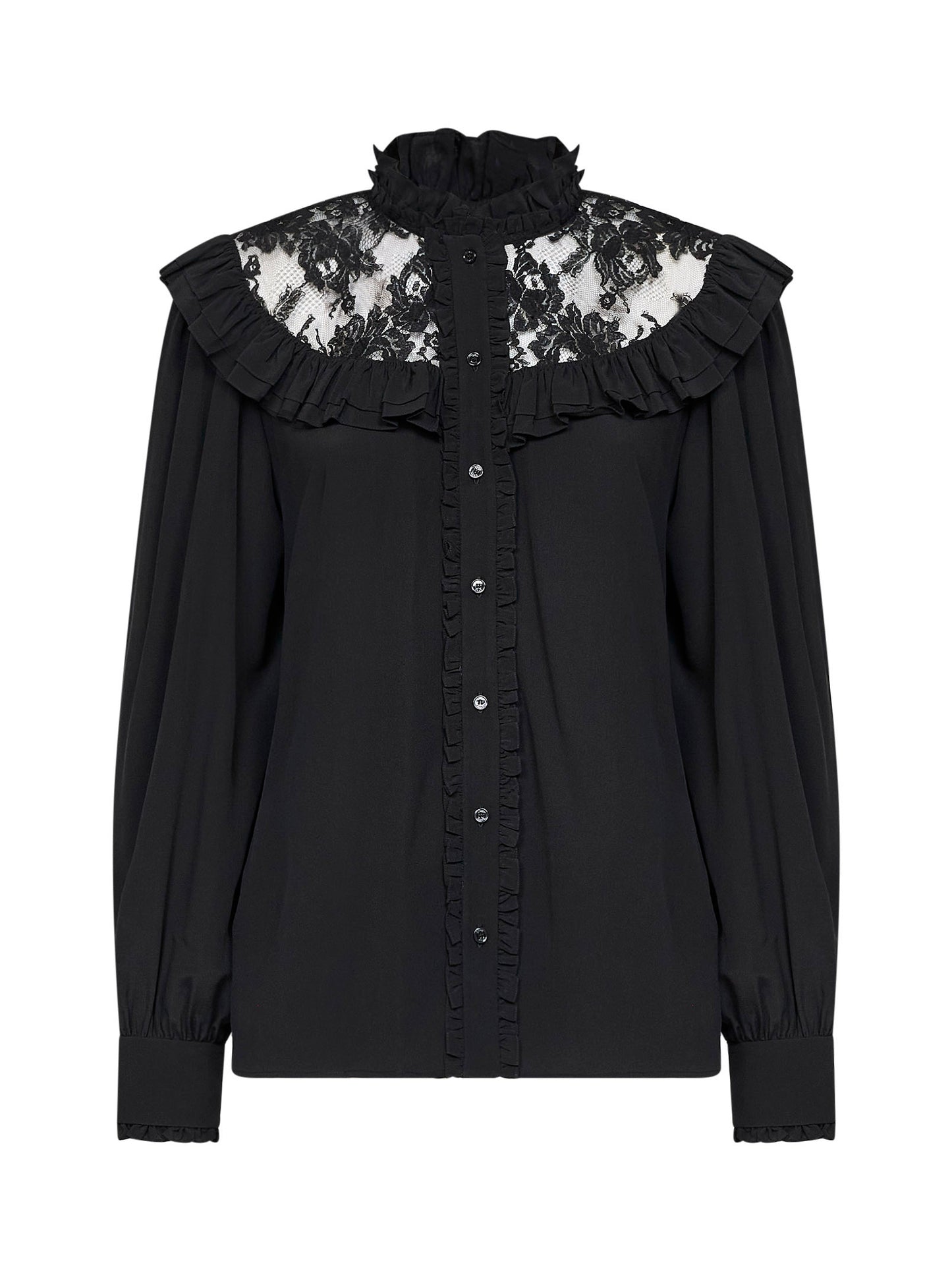 Blusa con ruches in crêpe de chine di seta nero con pizzo