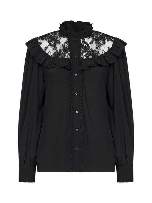 Black silk crêpe de chine ruffled blouse with lace detail