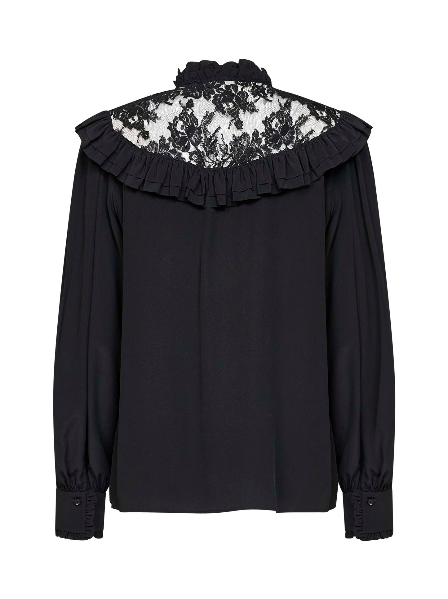 Blusa con ruches in crêpe de chine di seta nero con pizzo