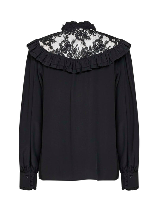 Black silk crêpe de chine ruffled blouse with lace detail