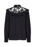 Blusa con ruches in crêpe de chine di seta nero con pizzo