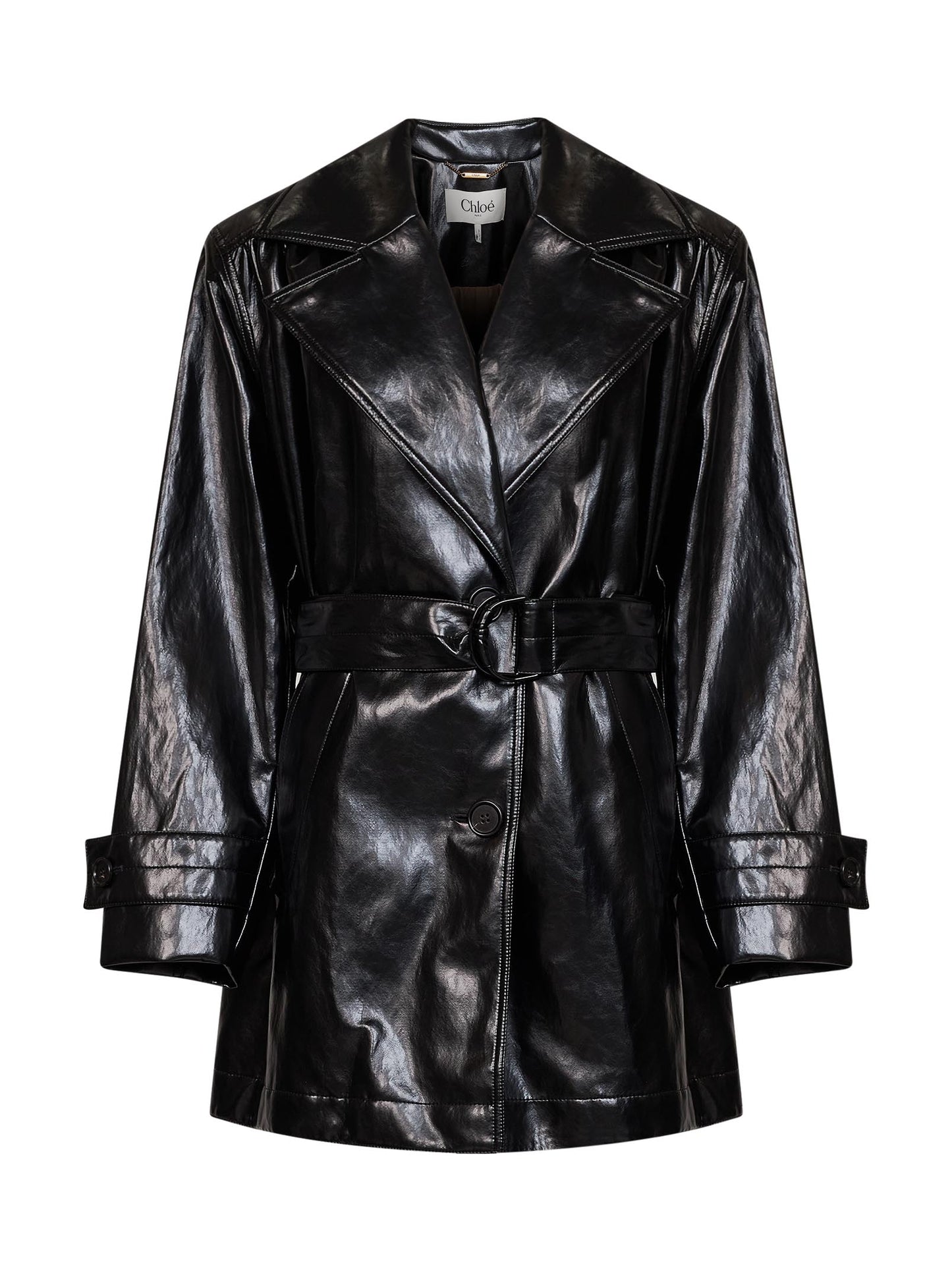 Black shiny coated viscose belted trench coat