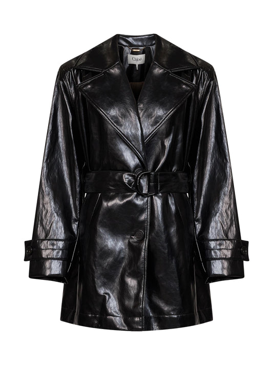Black shiny coated viscose belted trench coat