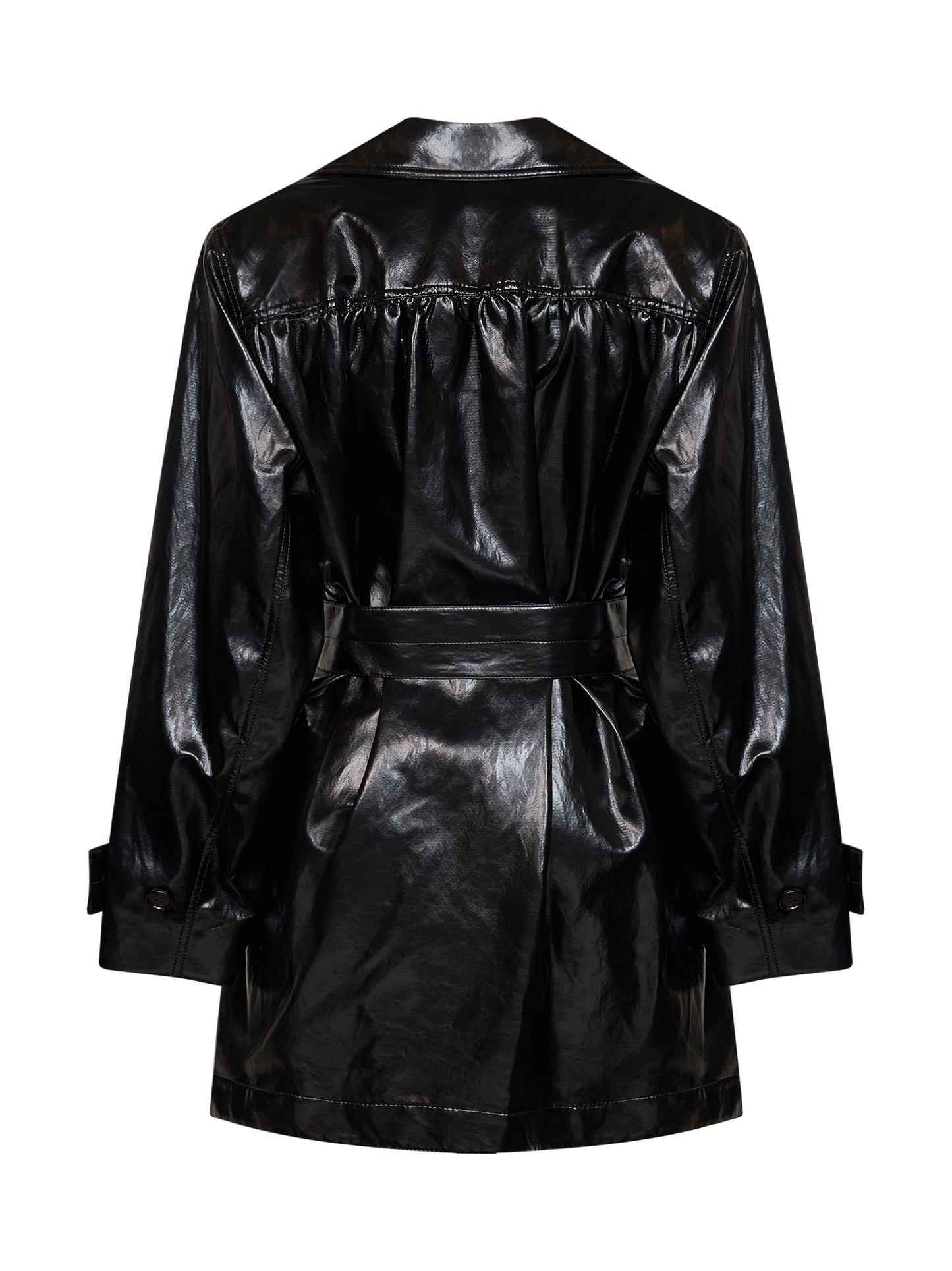 Black shiny coated viscose belted trench coat