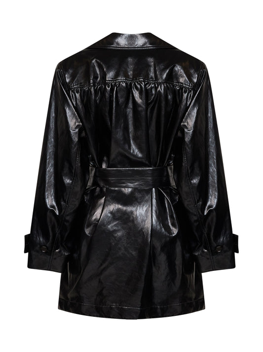 Black shiny coated viscose belted trench coat