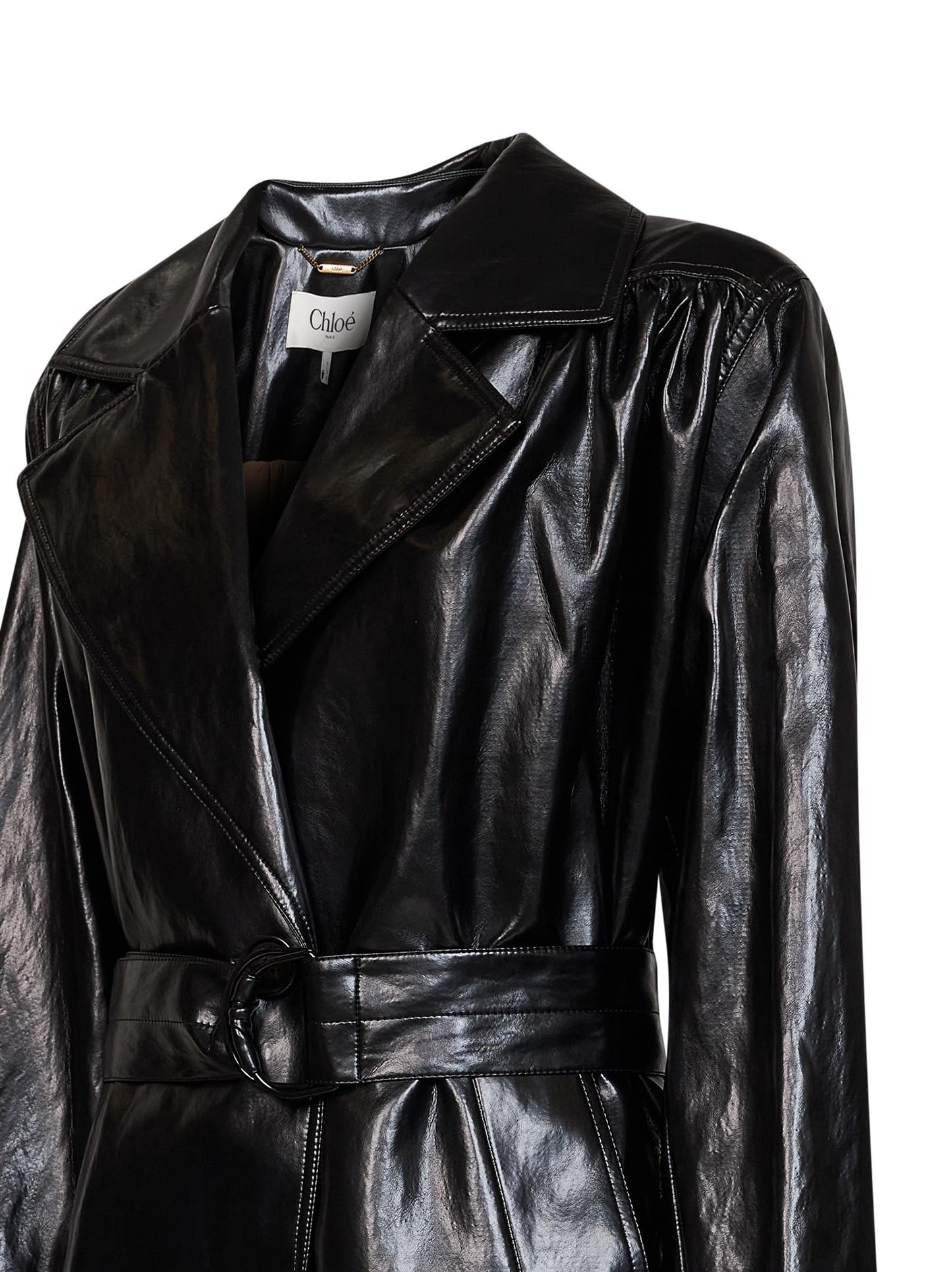 Black shiny coated viscose belted trench coat