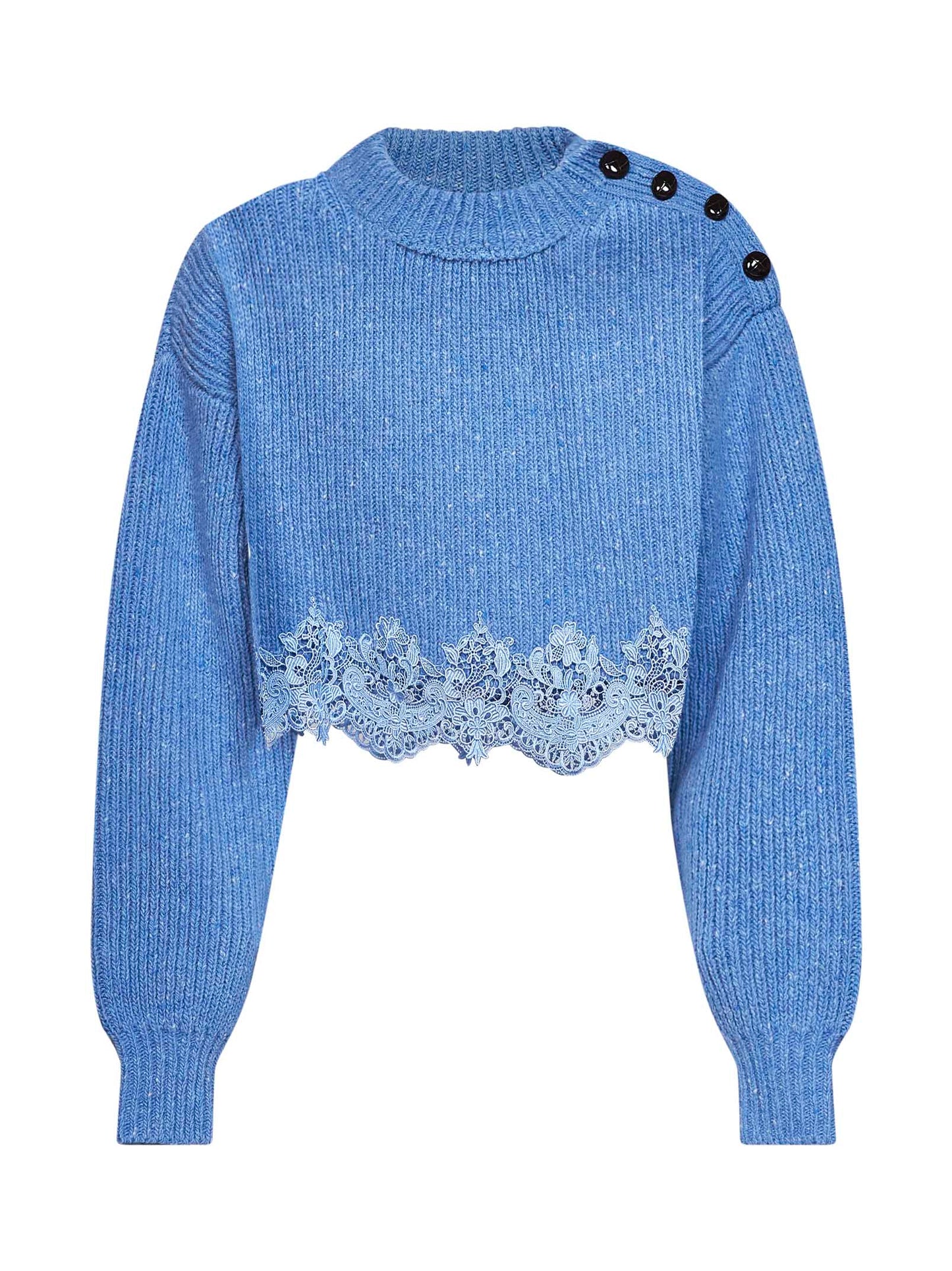 Breezy blue merino wool knit cropped sweater with lace insert