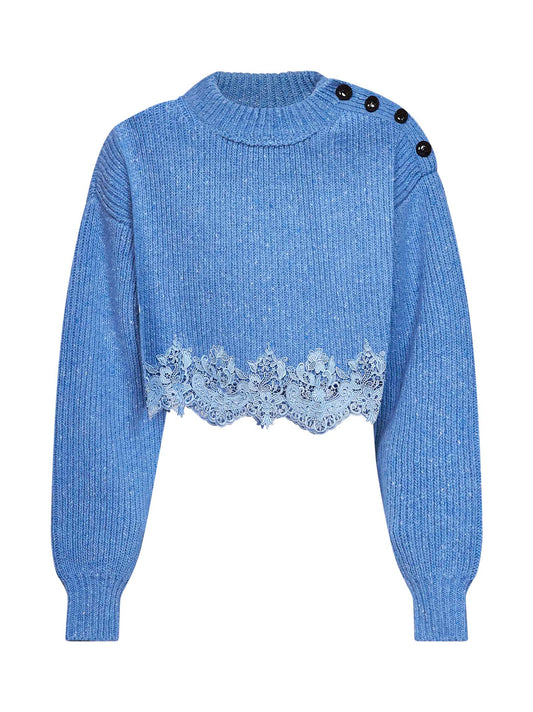 Breezy blue merino wool knit cropped sweater with lace insert