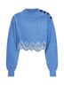 Breezy blue merino wool knit cropped sweater with lace insert