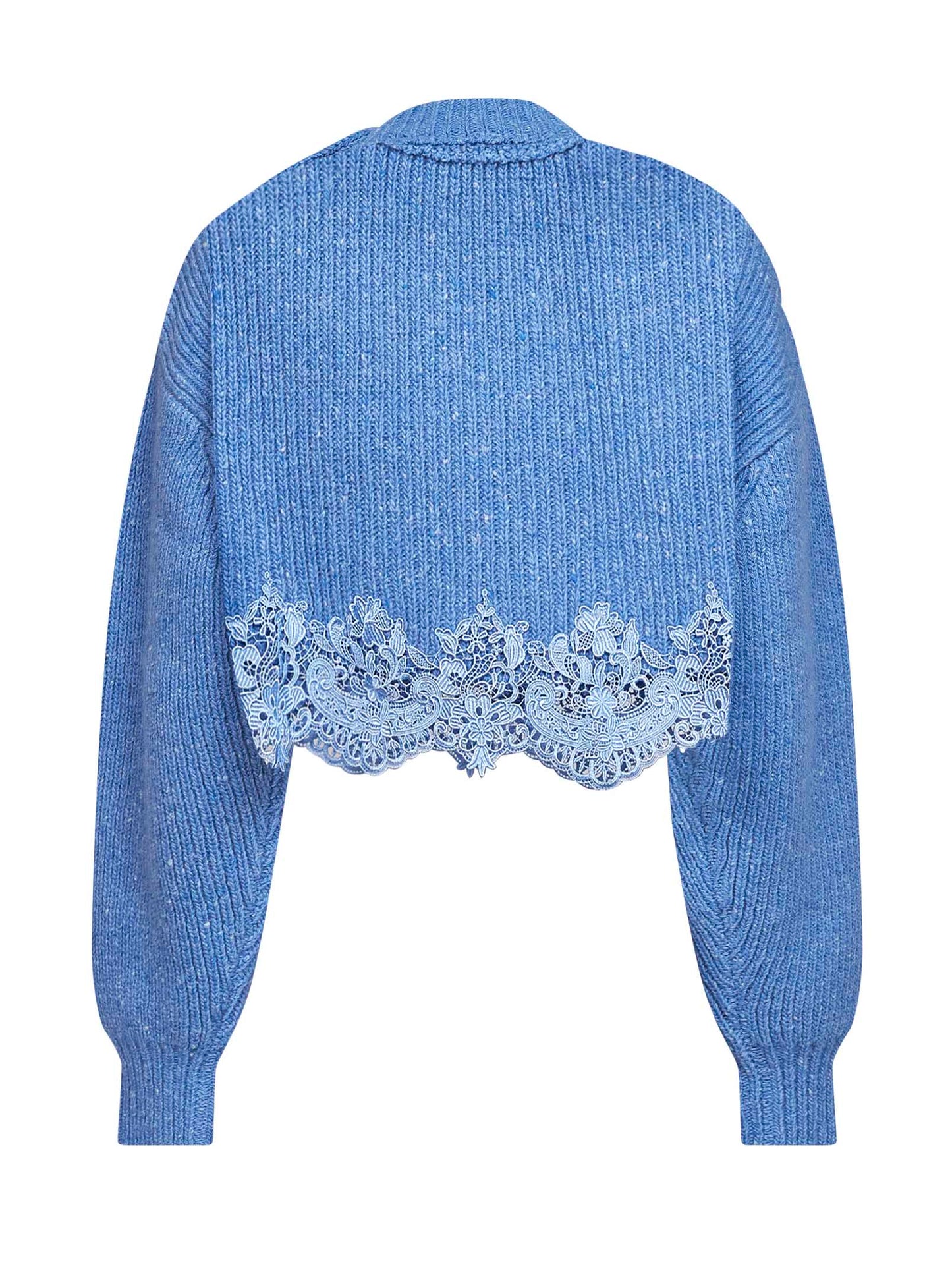 Breezy blue merino wool knit cropped sweater with lace insert