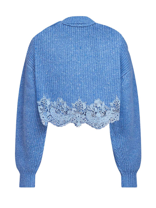 Breezy blue merino wool knit cropped sweater with lace insert