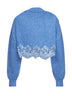 Breezy blue merino wool knit cropped sweater with lace insert