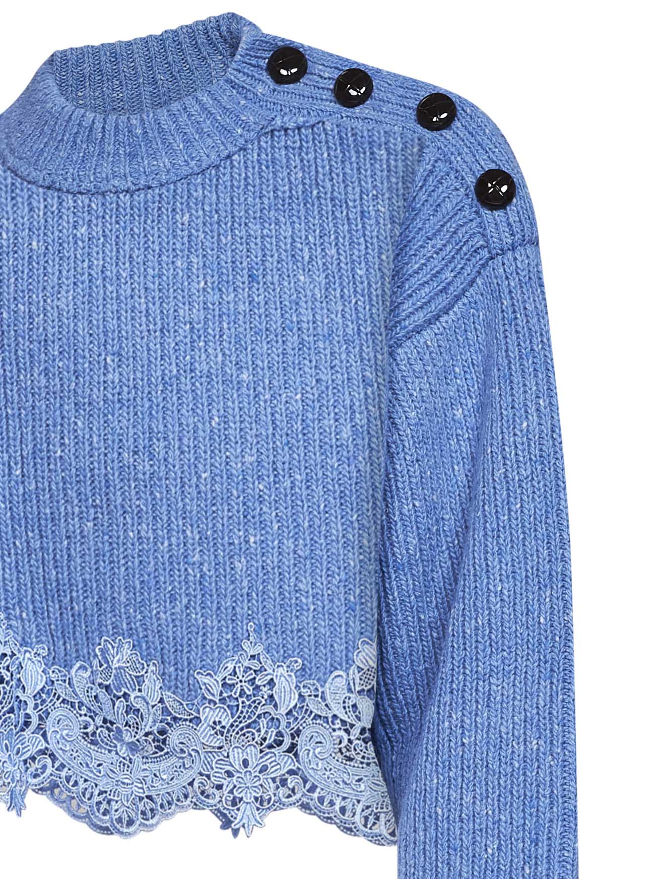 Breezy blue merino wool knit cropped sweater with lace insert