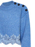 Breezy blue merino wool knit cropped sweater with lace insert
