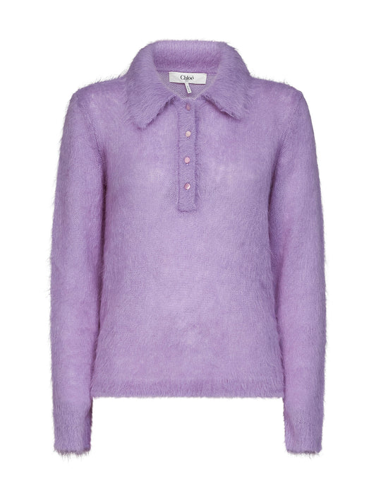 Lavender alpaca blend brushed knit polo shirt
