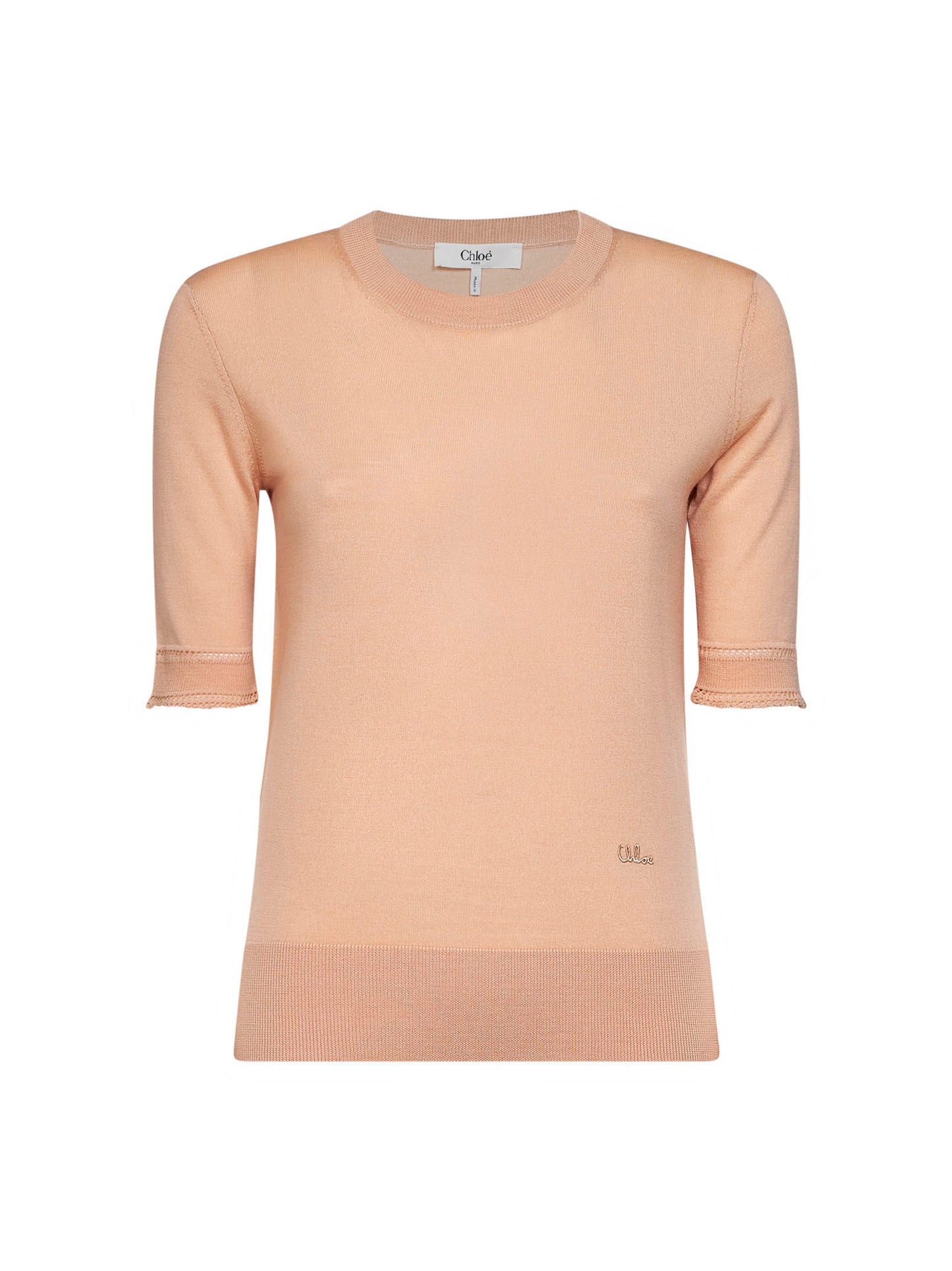 Tender peach virgin wool knit embroidered short-sleeved sweater