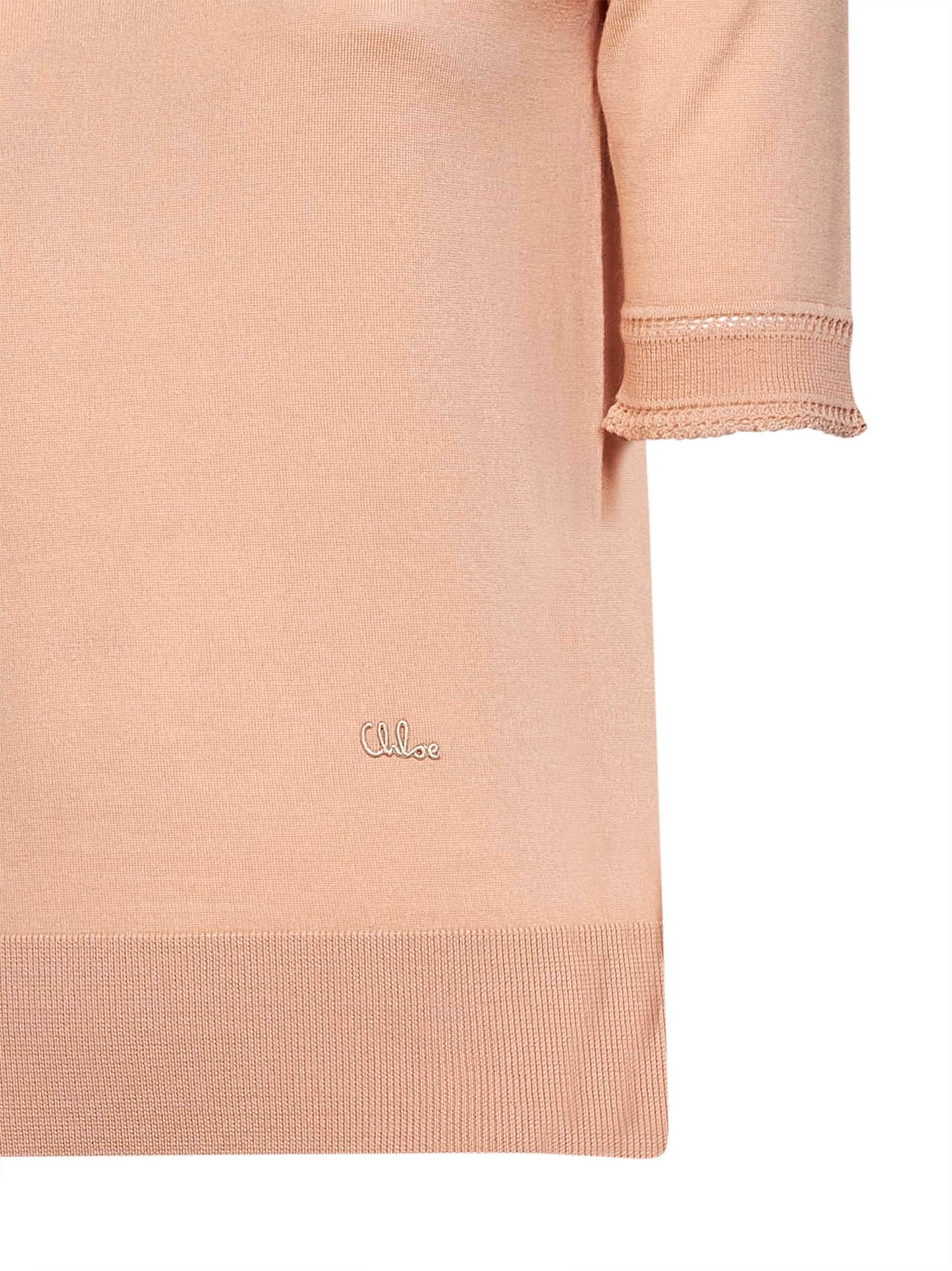 Tender peach virgin wool knit embroidered short-sleeved sweater