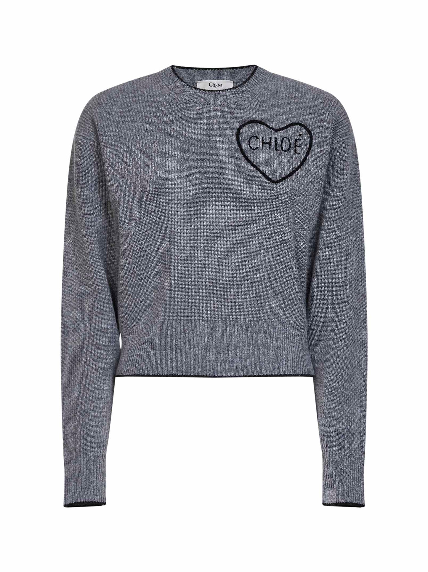 Divine grey wool and cashmere knit embroidered crewneck sweater