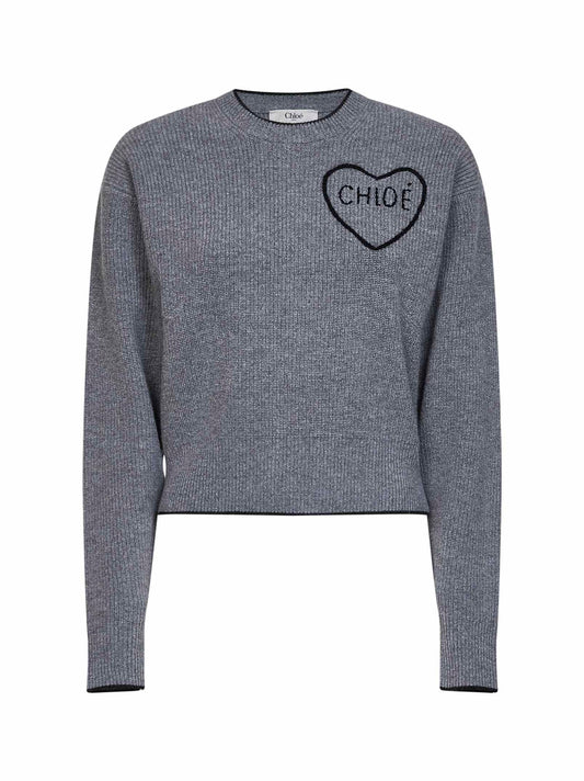 Maglia girocollo in lana e cashmere grigio con ricamo