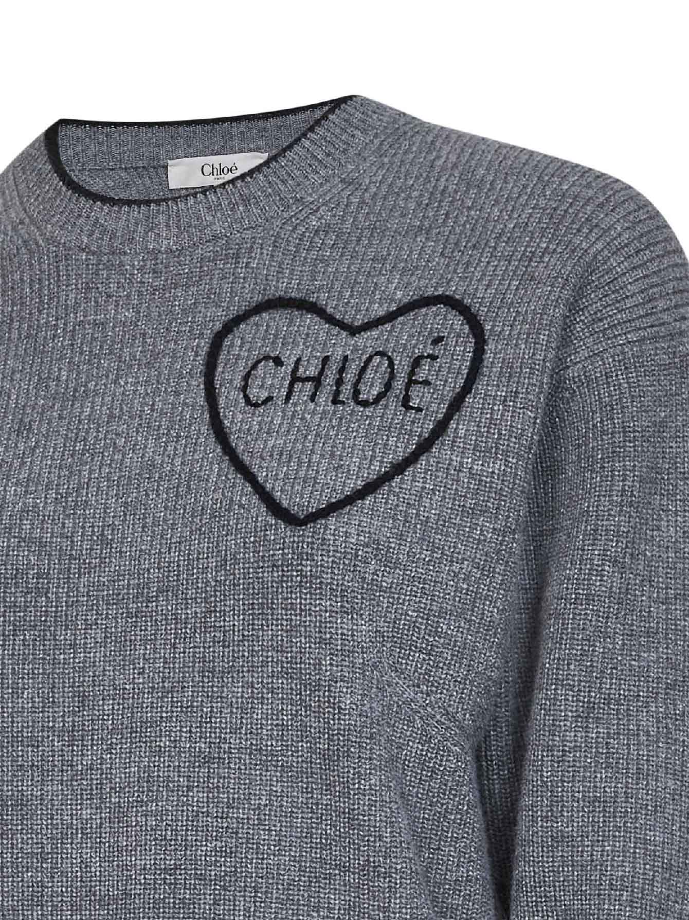 Divine grey wool and cashmere knit embroidered crewneck sweater