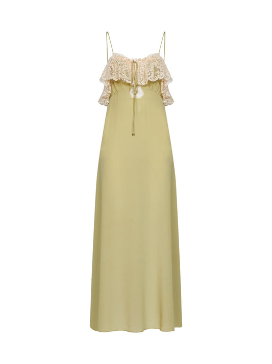 Dusty green crêpe de chine and lace long lingerie dress