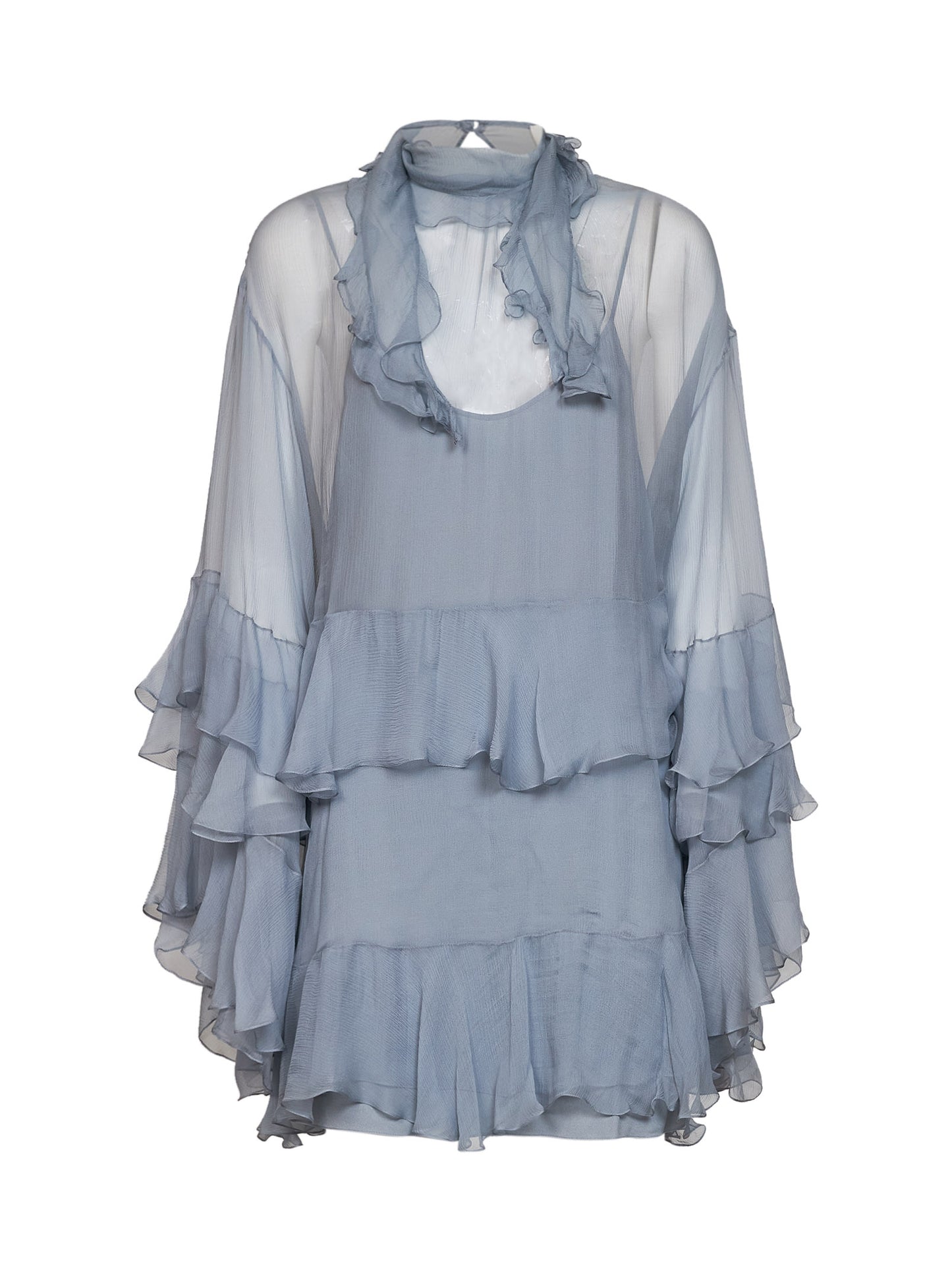 Light blue silk muslin ruffled mini dress