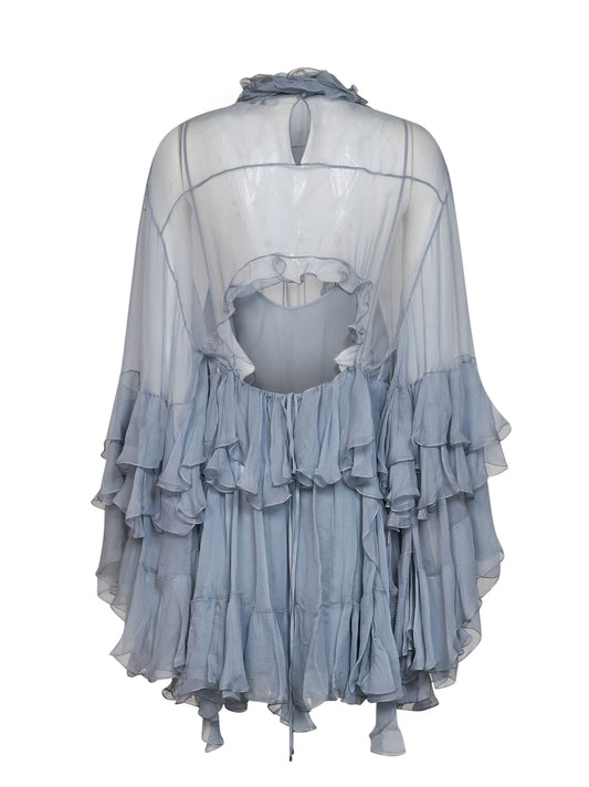 Light blue silk muslin ruffled mini dress