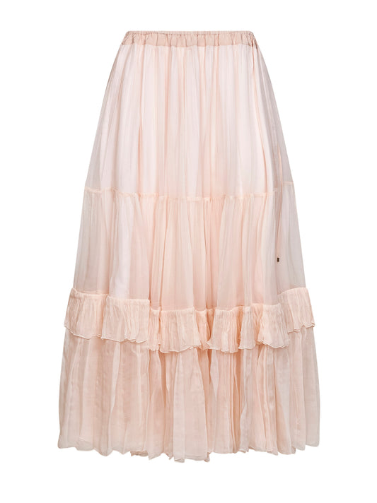 Gonna lunga con volant in mussola di seta rosa polvere