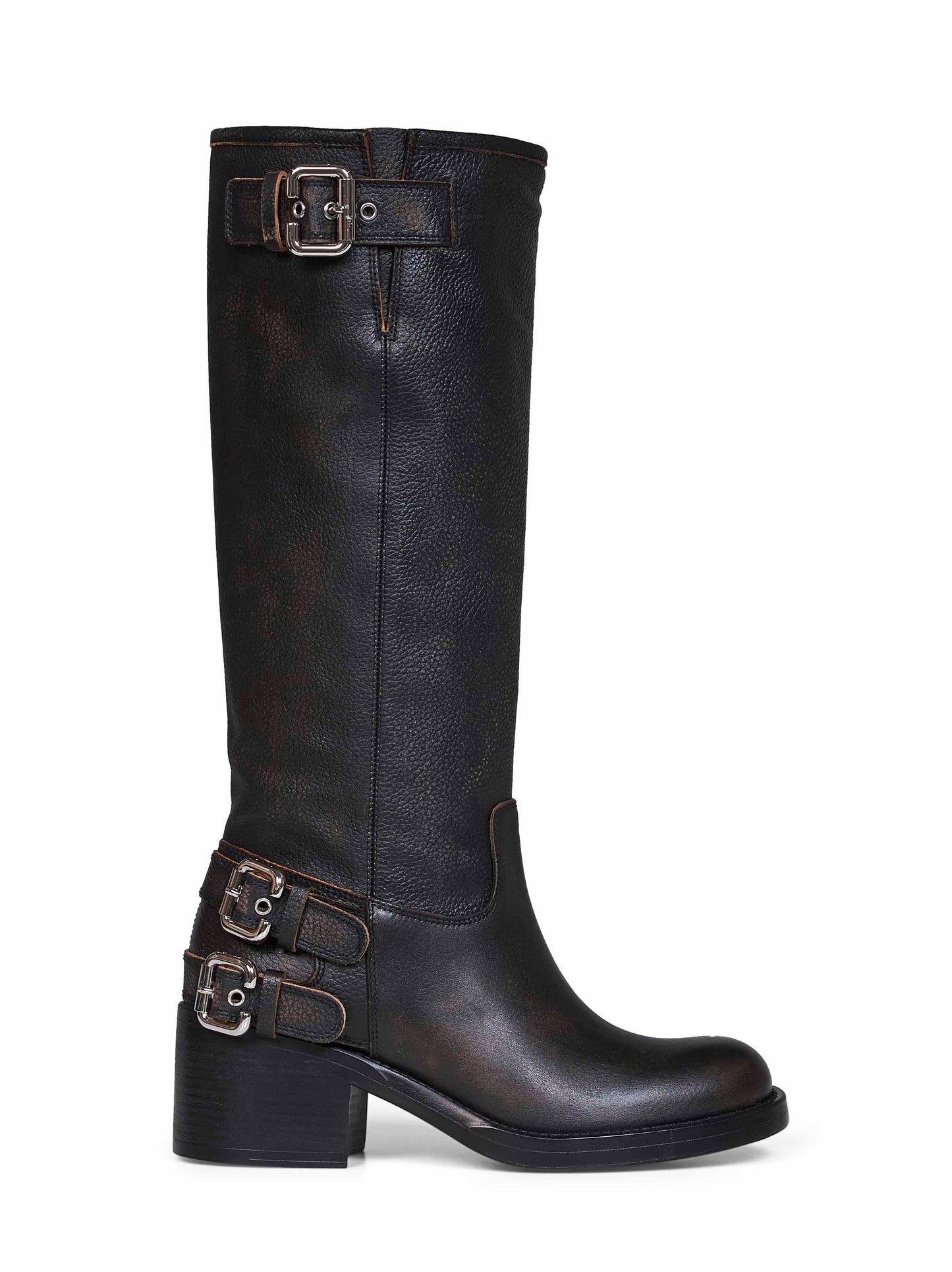 Black grained brushed leather Dakota biker boots