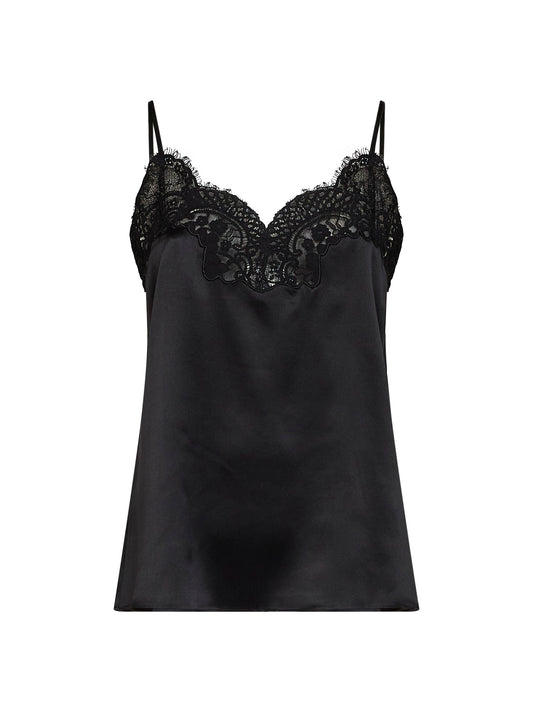 Black silk satin camisole top with lace trim