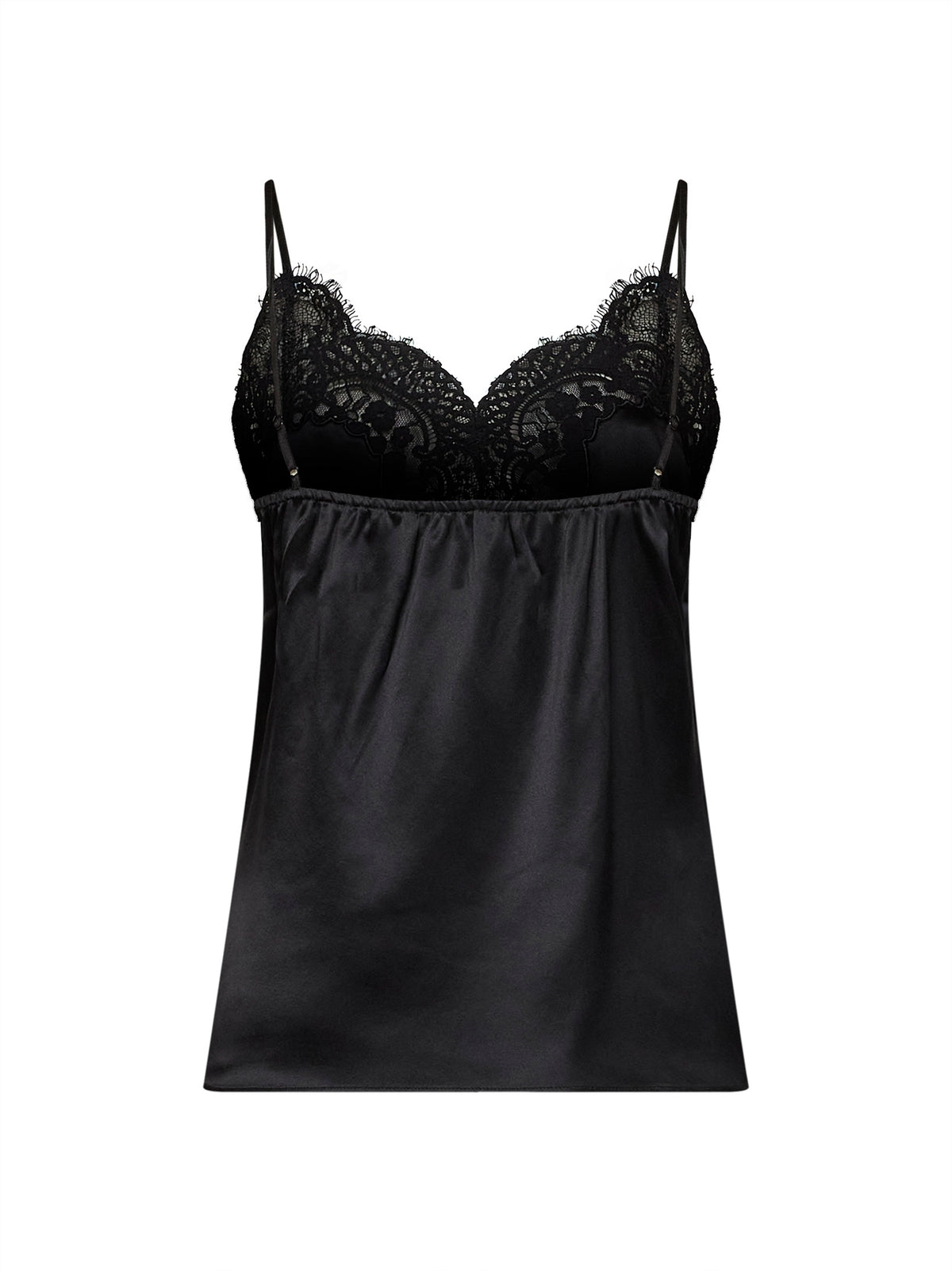 Top camisole in raso di seta nero con bordo in pizzo