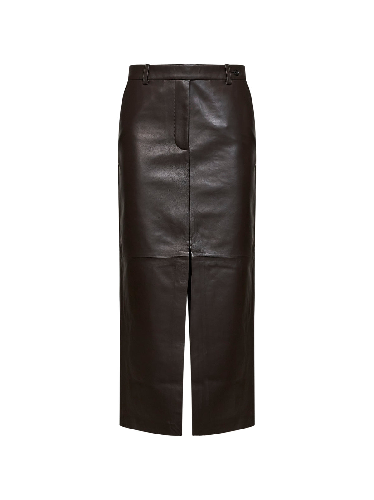 Gonna midi sartoriale in pelle cioccolato con spacchi