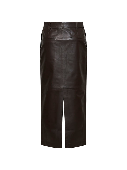 Chocolate leather tailored midi skirt with slits
