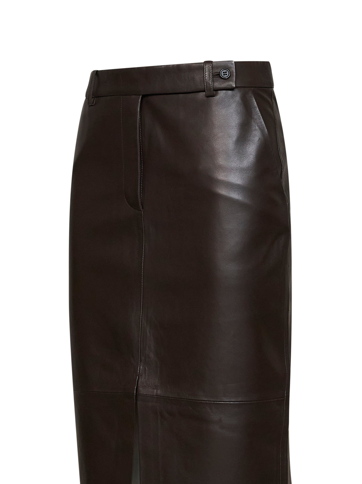 Gonna midi sartoriale in pelle cioccolato con spacchi
