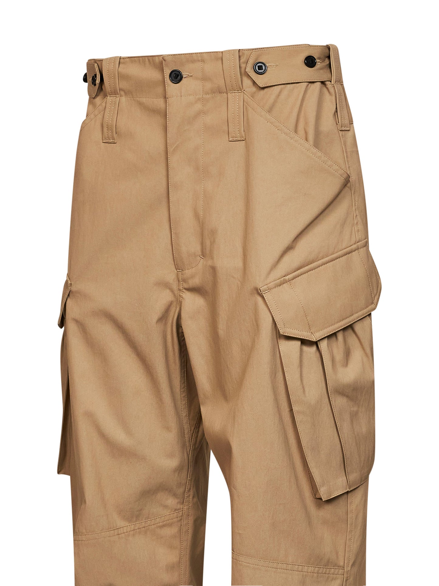 Camel cotton twill military cargo trousers