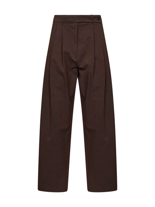 Chocolate cotton twill wide-leg pleated trousers